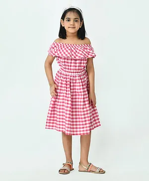 Muffin Shuffin Half Sleeves Off Shoulder Checked Dress - Pink