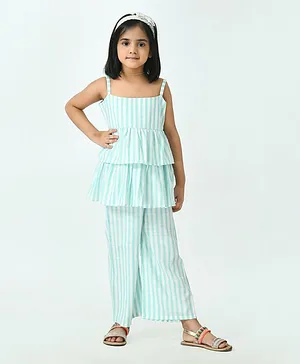 Muffin Shuffin Sleeveless Striped Peplum Top With Pants - Green