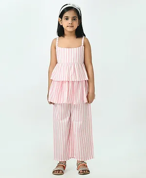 Muffin Shuffin Sleeveless Striped Peplum Top With Pants - Pink