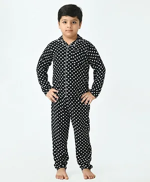 Muffin Shuffin Full Sleeves Polka Dots Print Night Suit - Black