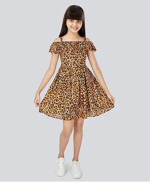Olele Short Sleeves Leopard Print Dress - Yellow