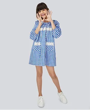 Olele Full Sleeves Checked Lace Detailed Dress - Blue