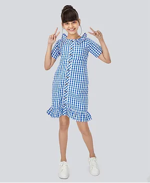 Olele Short Sleeves Checked Buttoned Down Dress - Blue