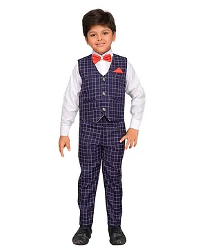 AJ Dezines Full Sleeves Party Wear Shirt With Checked Waistcoat & Pants - Blue