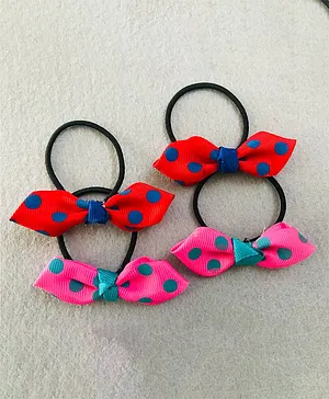 Kalacaree Christmas Dotted Bow Set Of 4 Rubber Bands - Red Pink and Blue