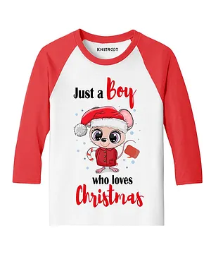 KNITROOT Full Sleeves Christmas Theme Print Tee - Red & White