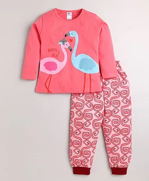DEAR TO DAD Full Sleeves Flamingo Print Tee With Lounge Pants - Pink
