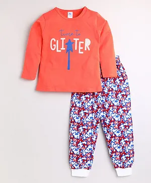 DEAR TO DAD Full Sleeves Glitter Print Tee With Lounge Pants - Coral Pink