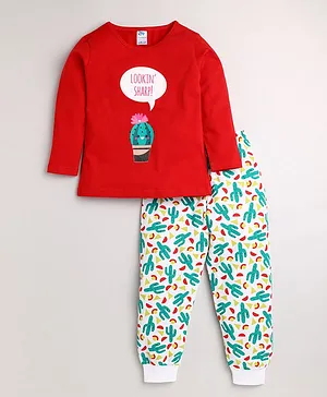 DEAR TO DAD Full Sleeves Cactus Print Tee With Lounge Pants - Red