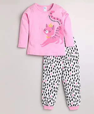 DEAR TO DAD Full Sleeves Cat Print Tee With Lounge Pants - Pink