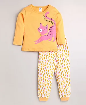 DEAR TO DAD Full Sleeves Cat Print Tee With Lounge Pants - Yellow