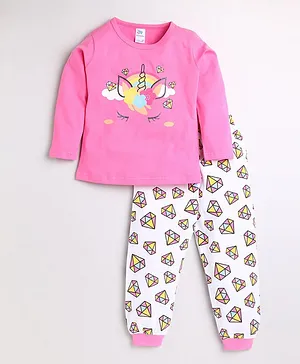 DEAR TO DAD Full Sleeves Unicorn Print Tee With Lounge Pants - Pink