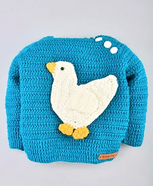The Original Knit Handmade Full Sleeves Bird Embellished Sweater - Blue