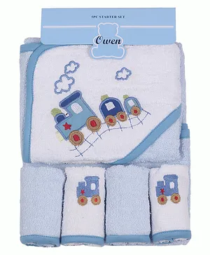 OWEN 5pc Starter Set Hooded Towel with Washcloths- Blue