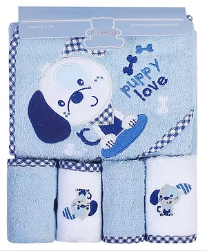 Owen Puppy Love  5pc Starter Set Hooded Towel with Washcloths- Blue