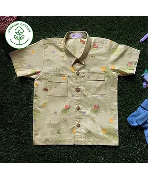 Miko Lolo Flower Print Half Sleeves Organic Cotton Shirt - Green