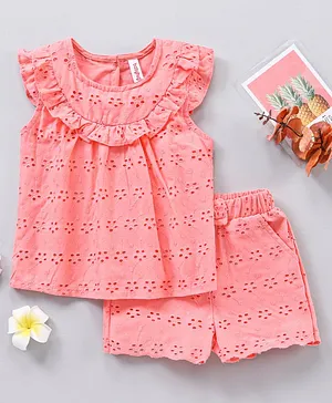 Babyhug Sleeveless Top With Shorts Schiffli Design- Pink