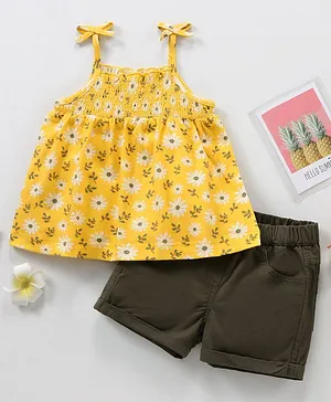 Babyhug Sleeveless Top & Shorts Set Floral Print- Yellow Green