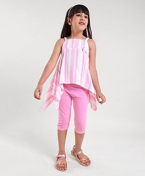 Babyhug Sleeveless Striped Top and Capris With Bow Applique - Pink