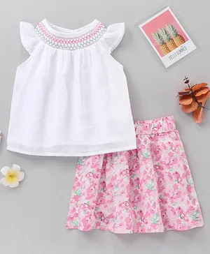 Babyhug Cap Sleeves Top & Skirt Floral Print - Pink White