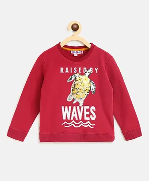 Nauti Nati Full Sleeves Raised By Waves Print Sweatshirt - Red