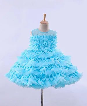 Enfance Sleeveless Mesh Yoke Ruffel Flared Party Dress - Blue