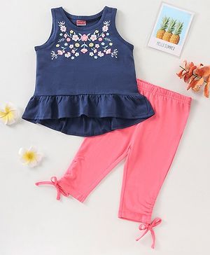 Babyhug Sleeveless Top & Capri Floral Embroidery - Navy Blue Light Pink
