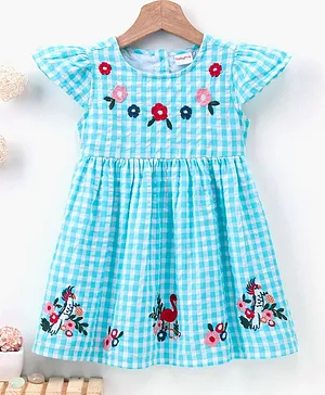 Babyhug Cap Sleeves Checked Knee Length  Frock Floral Embroidered - Blue