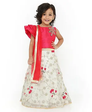 Dhyana Fashions Sleeveless Choli With Flower Embroidery Lehenga & Dupatta - Red