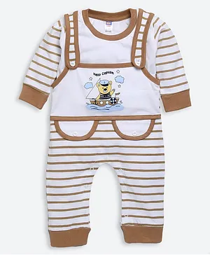 Nottie Planet Full Sleeves Striped Tee With Romper & Jacket - Brown