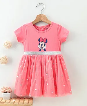 Babyhug Half Sleeves Dress Minnie Mouse & Star Print - Coral Pink