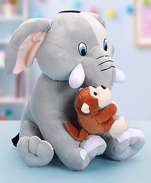 Babyhug Baby Elephant Soft Toy with Attached Monkey - Height 30 cm