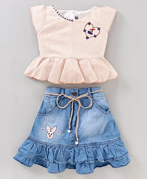 Enfance Cap Sleeves Stripes Print & Bunny Patch Denim Skirt Set - Light Blue