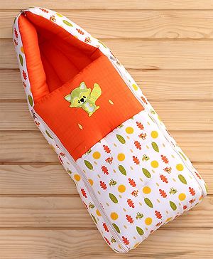 Babyhug Premium Muslin Sleeping Bag Racoon Print - Orange