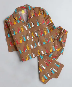 IndiUrbane Animal Print Full Sleeves Night Suit - Brown