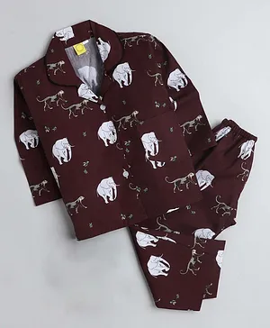IndiUrbane Elephant Print Full Sleeves Night Suit - Maroon