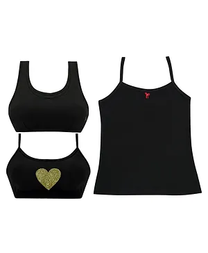 Tiny Bugs Assorted Sleeveless Camisole With Pack Of 2 Heart Print Bra - Black