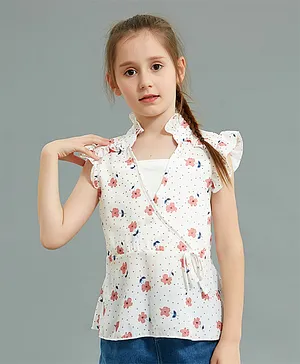 Kookie Kids Short Frill Sleeves Top with Floral Print - Off White