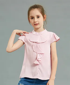 Kookie Kids Short Sleeves Solid Top with Front Ruffles - Pink