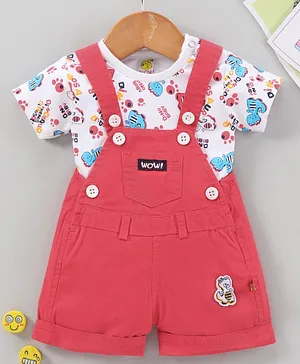 WOW Clothes Dungaree Set with Half Sleeves Tee Dino Print and Patch - Red White
