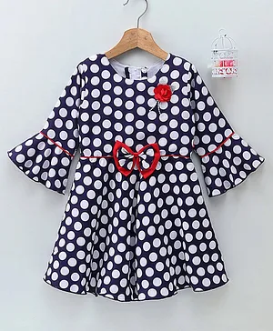 Twetoons Three Fourth Bell Sleeves Polka Dot Frock Bow Applique - Navy Blue
