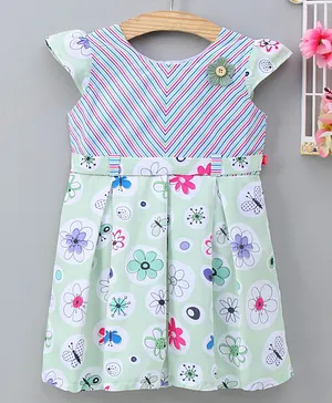 Twetoons Cap Sleeves Pleated Frock Floral & Butterfly Print - Light Green