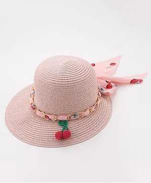 Pine Kids Straw Hats With Cherry Applique - Light Pink