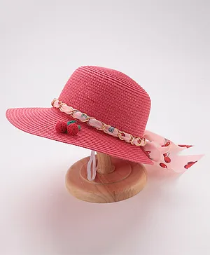 Pine Kids Straw Hats With Cherry Applique - Dark Pink