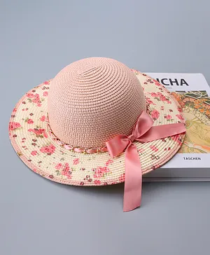 Pine Kids Straw Hat Floral Print Light Pink - Diameter 32 cm