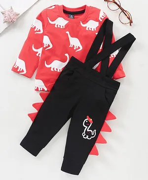 Jb Club Full Sleeves Dinosaur Printed Tee With Suspender Pants - Red