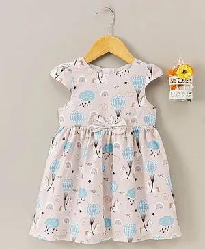 Yellow Duck Half Sleeves Frock Unicorn & Parachute Print - Multicolour