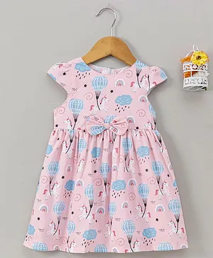 Yellow Duck Half Sleeves Frock Unicorn & Parachute Print - Pink
