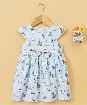 Yellow Duck Half Sleeves Frock Multi Print & Bow Applique - Blue