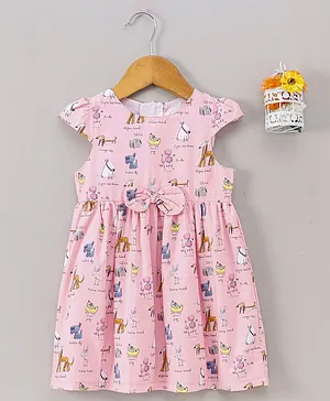 Yellow Duck Half Sleeves Frock Multi Print & Bow Applique - Pink